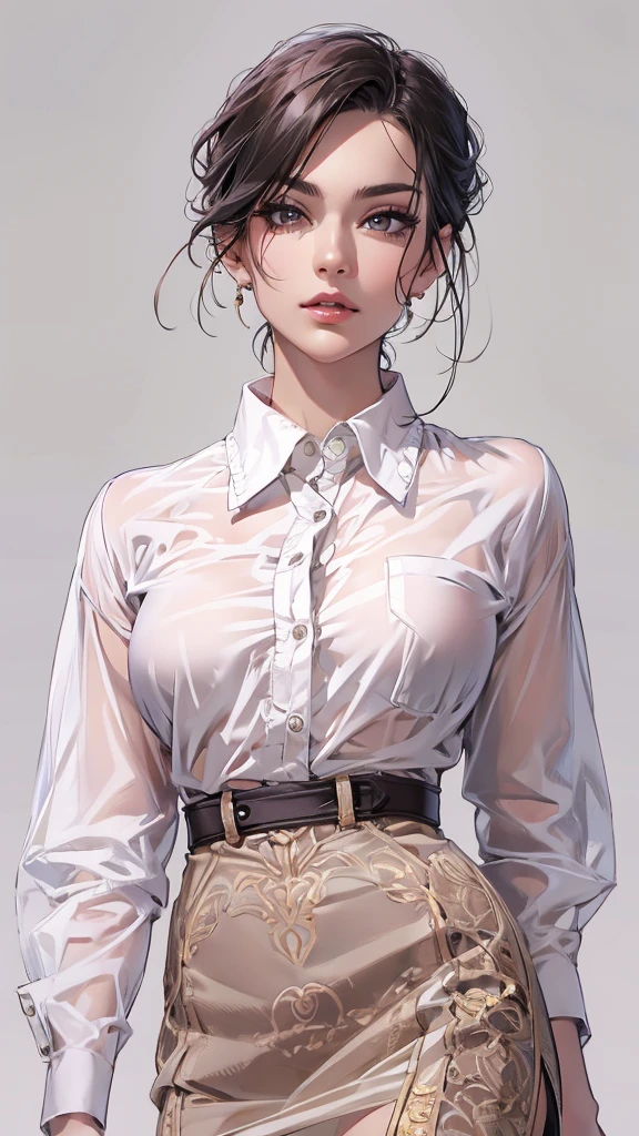 Nipples, Visible through the white shirt (((masterpiece, Highest quality)), No pants, 1 girl, (Realistic: 1.4), alone, White Background, Black Hair, Long Hair, Absolute area, skirt, ((whole body)),Sexy proportions、erotic