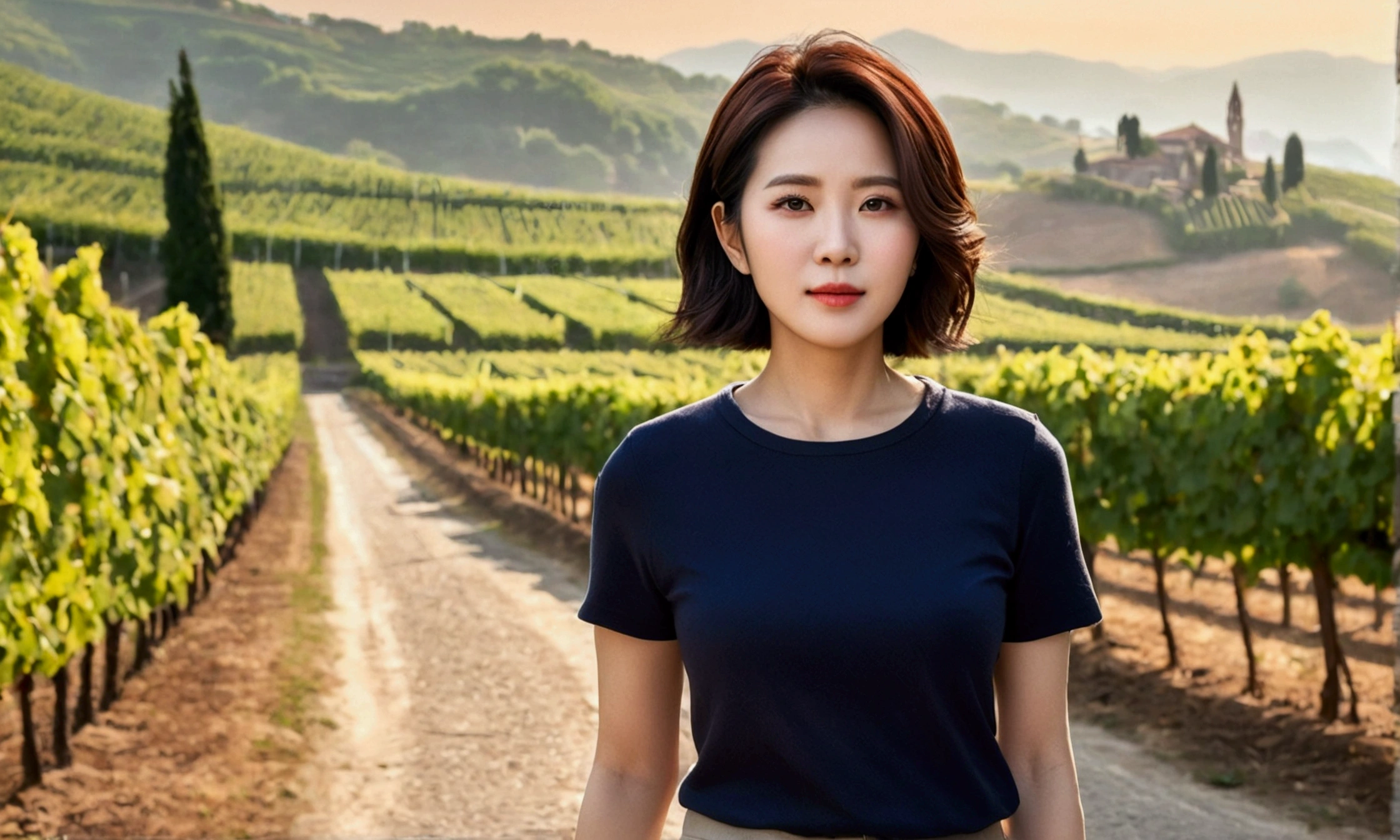 Wearing a luxury brand knit, 40 year old Korean woman with short medium hair, short and petite, very beautiful.!, Get inspired by Son Ye-jin, 8K vertical rendering, photo realistic beautiful face, big eyes,double eyelid, black eye, Wear a dark round neck t-shirt. beige jean pants. Warm light in vineyards at dawn in rural Italy, The morning sun shines beautifully. Standing on a curved path. (digital painting, HDR, high contrast),, (best quality:1.4, 8k 3D, 45,000,000,000,pixel,),(masterpiece:1.3),(sharp focus:1.2),(Full body shot with Canon camera 16-35 wide angle lens, 포도 밭이 내려다 보이는 언덕 위 Standing on a curved path, 32 inches, A woman of and short stature, A cathedral can be seen in the distance through thick fog., Vineyards with vivid image quality, three dimensional grape leaves