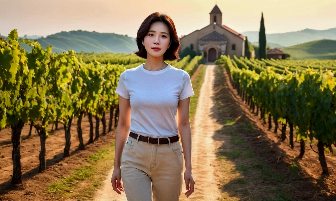 Wearing a luxury brand knit, 40 year old Korean woman with short medium hair, short and petite, very beautiful.!, Get inspired by Son Ye-jin, 8K vertical rendering, photo realistic beautiful face, big eyes,double eyelid, black eye, Wear a dark round neck t-shirt. beige jean pants. Warm light in vineyards at dawn in rural Italy, The morning sun shines beautifully. Standing on a curved path. (digital painting, HDR, high contrast),, (best quality:1.4, 8k 3D, 45,000,000,000,pixel,),(masterpiece:1.3),(sharp focus:1.2),(Full body shot with Canon camera 16-35 wide angle lens, 포도 밭이 내려다 보이는 언덕 위 Standing on a curved path, 32 inches, A woman of and short stature, A cathedral can be seen in the distance through thick fog., Vineyards with vivid image quality, three dimensional grape leaves