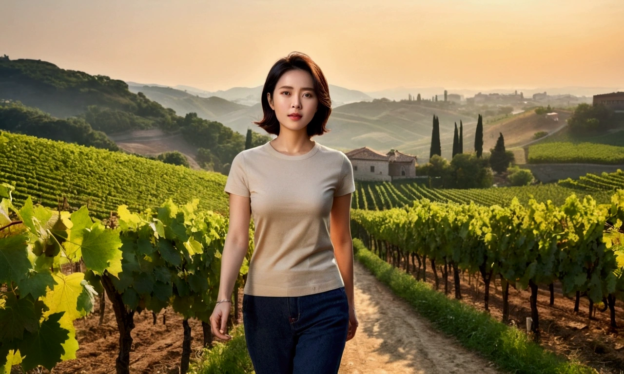 Wearing a luxury brand knit, 40 year old Korean woman with short medium hair, short and petite, very beautiful.!, Get inspired by Son Ye-jin, 8K vertical rendering, photo realistic beautiful face, big eyes,double eyelid, black eye, Wear a dark round neck t-shirt. beige jean pants. Warm light in vineyards at dawn in rural Italy, The morning sun shines beautifully. Standing on a curved path. (digital painting, HDR, high contrast),, (best quality:1.4, 8k 3D, 45,000,000,000,pixel,),(masterpiece:1.3),(sharp focus:1.2),(Full body shot with Canon camera 16-35 wide angle lens, 포도 밭이 내려다 보이는 언덕 위 Standing on a curved path, 32 inches, A woman of  and short stature, A cathedral can be seen in the distance through thick fog., Vineyards with vivid image quality, three dimensional grape leaves