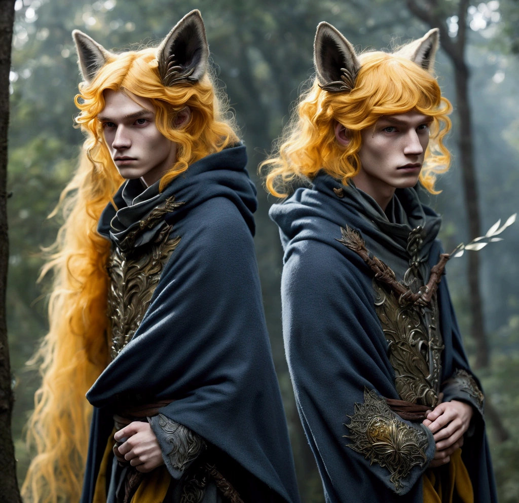 boy, fox cape, 20 years old, forest beast, 1 person, humanoid, 1 head, long hair, yellow hair, gray eyes, blue cloak, short cloak