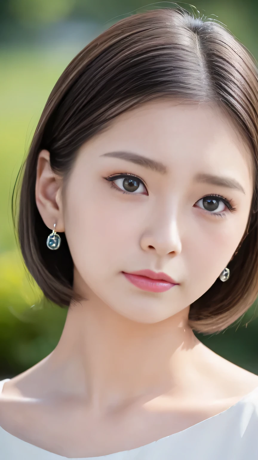 (Woman with a sad face:1.3)、Japanese women、infp young woman、28 years old、short hair、hair slicked back、Very beautiful face、Light brown hair、(Tears running down my cheeks:1.2)、Teardrop-shaped earringasterpiece、Highest quality、8k、Sharp focus、Blurred Background、The background is a park、