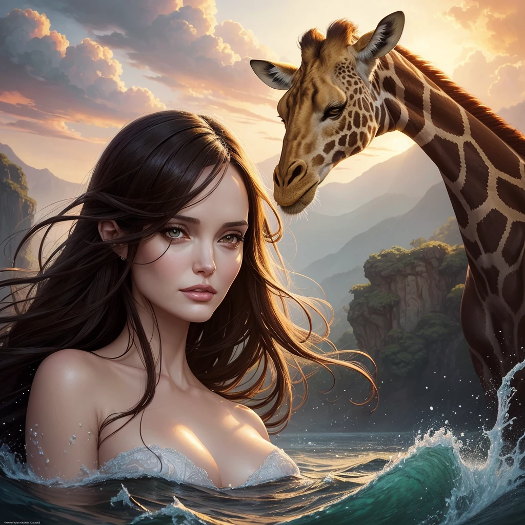 golden hour, front view oil painting of a woman with face of Winona Ryder morphed with Angelina Jolie laughing with gigantic hairdo floating on water, giraffe morphed with lion emerges from water in the background, tears of joy, storks, stunning digital illustration, beautiful fantasy art portrait, a beautiful artwork illustration, charlie bowater rich deep colors, artstyle tom bagshaw, beautiful digital illustration, beautiful fantasy portrait, portrait of a dark fantasy nymph, exquisite digital illustration, in style of anna dittmann