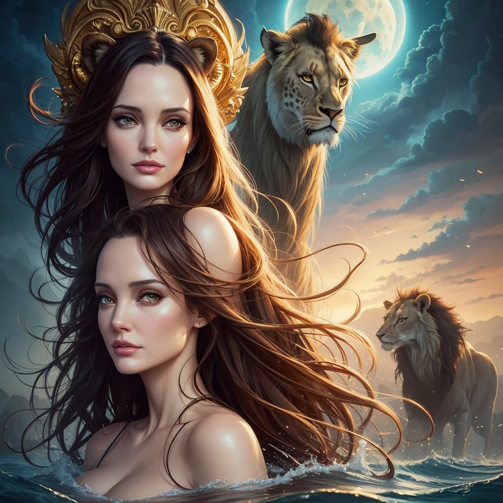 golden hour, front view oil painting of a woman with face of Winona Ryder morphed with Angelina Jolie laughing with gigantic hairdo floating on water, giraffe morphed with lion emerges from water in the background, tears of joy, storks, stunning digital illustration, beautiful fantasy art portrait, a beautiful artwork illustration, charlie bowater rich deep colors, artstyle tom bagshaw, beautiful digital illustration, beautiful fantasy portrait, portrait of a dark fantasy nymph, exquisite digital illustration, in style of anna dittmann