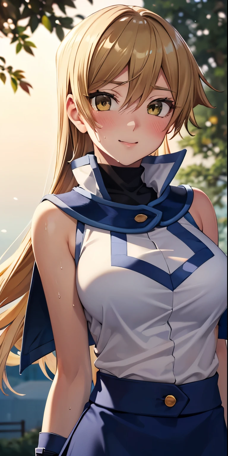 1 Female,High definition,high resolution,Ultra-realistic,8K, 8K, ta1,blonde hair,long hair,yellow eyes, white jacket, sleeveless, blue skirt,tight skirt , miniskirt,fingerless gloves,European,sexy,Upper body close-up,Photographed from the front,Dynamic Angles,(blush), big tits , happy, wink the eye,facial, sweat,multicolored hair , outdoors, moonlight, night ,leaf , windy,tree background