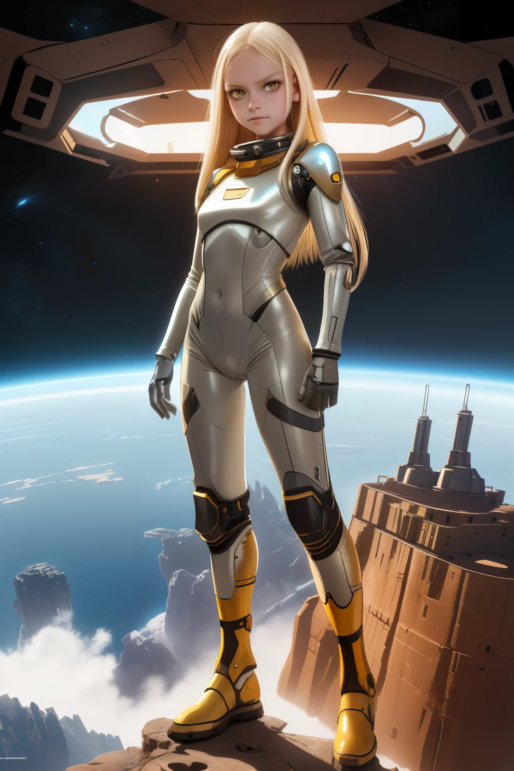 young girl, ************, blond hair, photorealistic, pale skin), (yellow (eyes:1.2)), (slim build:1.3), (fantasy space suit), beautiful face, symmetrical face, Greg Rutkowski, wlop and Sam Kuvshinov, (long hair), blond eyelashes, large iris, large pupil, full body, standing on the background of the cosmodrome, artstation, 8k, science fiction, pastel colors, props, panel, concept, futuristic, gribble, simon stalenhag, space, in outer space, a spaceship in the sky, technological blocks, futuristic world:1.5, rusty metal futuristic world, (simple oil painting in a style to Bill Sienkiewicz)