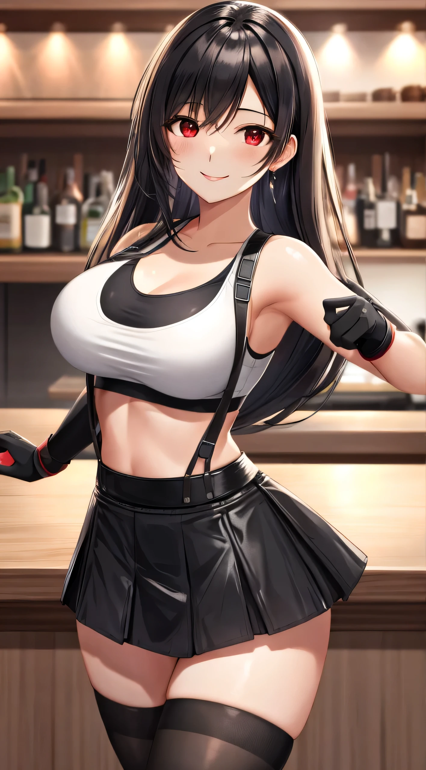 best quality, ultra-detailed, high resolution, extremely detailed CG, unity 8k wallpaper, super detailed skin, detailed, dynamic lighting, beautiful detailed eyes, tifa ff7, 1girl, solo, looking at viewer, blush, seductive smile, white tank top, black skirt, suspender skirt, midriff, black thighhighs, red gloves, white bra, zettai ryouiki, head tilt, bar counter, showing panties, dynamic pose, red eyes, smile, fighting stance,