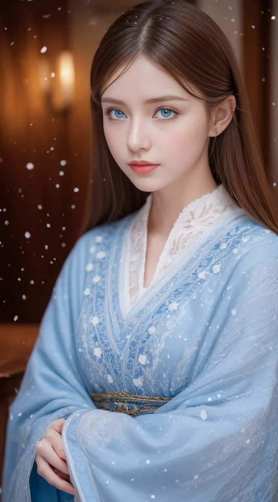 (best quality, 8k, 32K, On the table, ), (High intaglio printing model),Realistic, High resolution, 1. Japanese women, alone, (ta costume),Gorgeous costumes,Face the audience,(upper part of body,thigh), beautiful eyes, brown hair, eye socket, (external,heavy snow,Cloak,Covered in snow),Snowfield,blue eyes,Highest quality illustrations,a delicate face