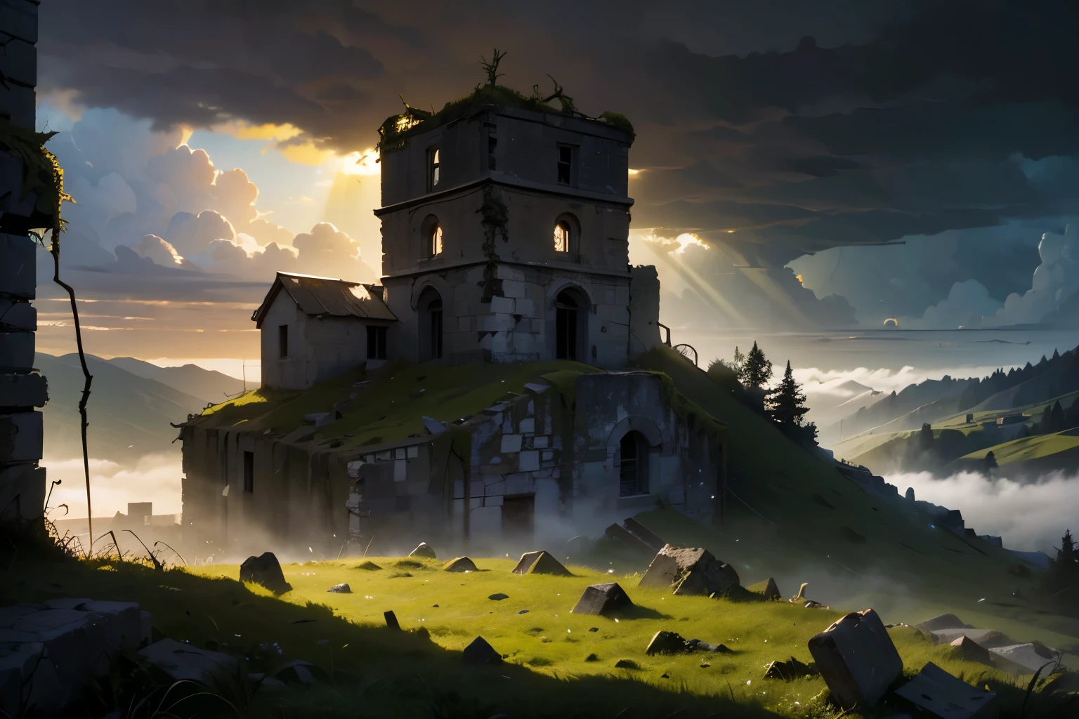 detailed ancient small mountain village in ruins, abandoned,crumbling stone buildings,overgrown with moss and vines,sunlight peeking through clouds,atmospheric fog,detailed textures,dramatic lighting,moody tones,rich colors,cinematic composition,intricate details,photorealistic,8K,masterpiece