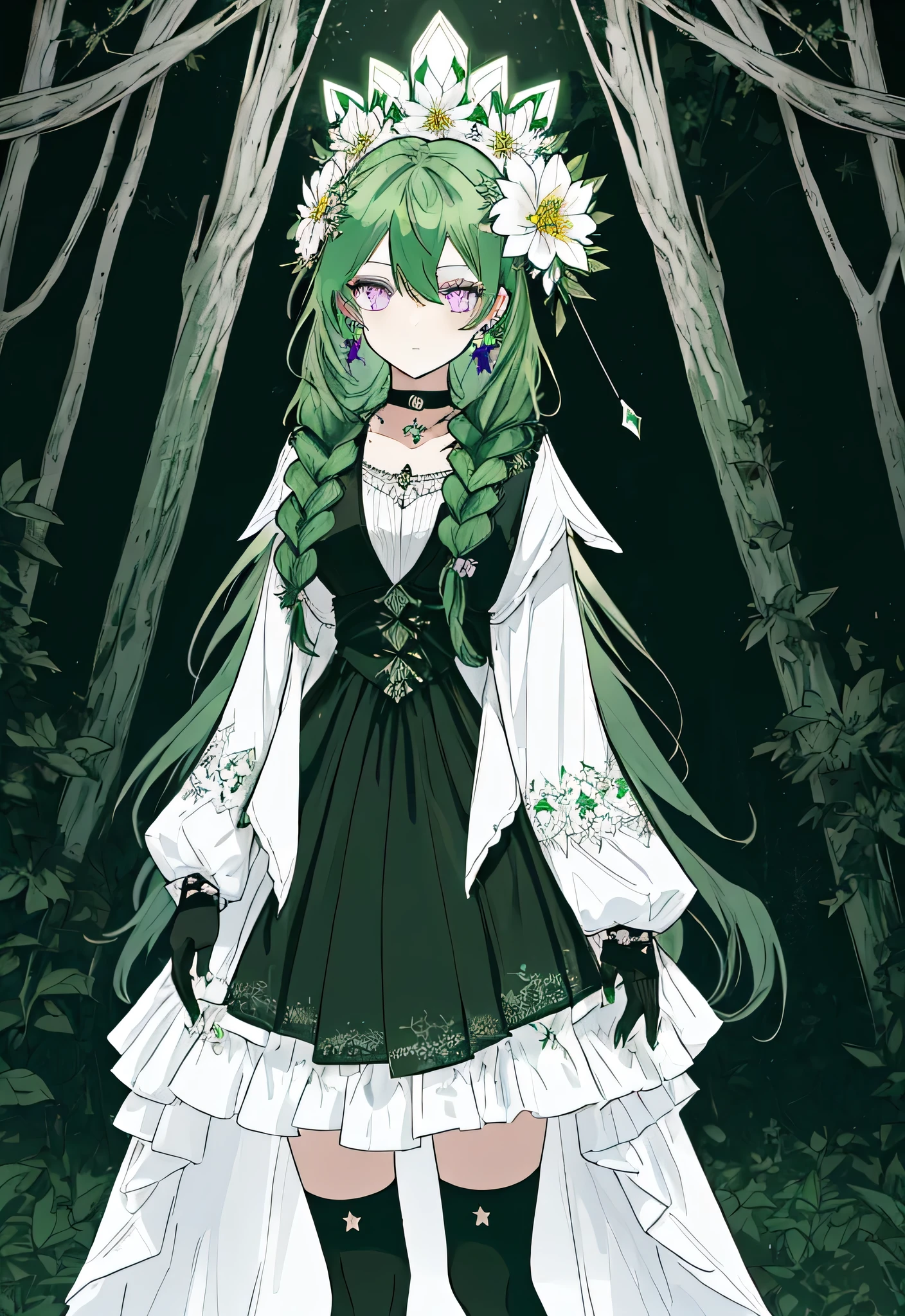 (Masterpiece, Best Quality: 1.4), forest Background, Long Hair, Jewelry, Earrings, Necklace, Bride, ((green Hair)), Halo, (Overlook), Dynamic Angle, Ultra Detailed, Illustration, Close Up, Direct Look, 1girl, (Fantasy: 1.4), (Purple Eyes: 1.233), Her Eyes Shine Like Dreamy Stars, (Glow Eyes: 1.233), (Beautiful and Delicate Eyes: 1.1), (green Hair: 1.4), (Messy Hair, Very Long Hair, French braids, hair between the eyes, side hair), (+(white hair flower: 1.14)), (black elegant dress, uniform white flower pattern)/= (military uniform: 1.24), (fingerless gloves), choker, (black thighhighs), high heeled boots, (expressionless, shut up), (standing),(Finger Detail), (Yubao:0.5),((black background)),((upper body)),((turquoise hair)),green hair,((green hair)),night,black elegant dress,((extra long hair)),dark forest,woods,