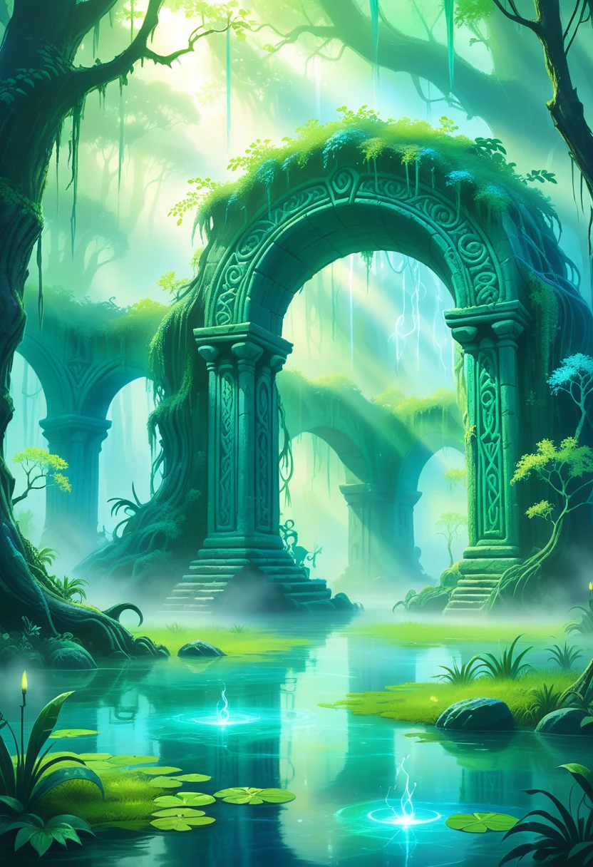 digital storybook illustration, textured brushwork, A mystical swamp with floating will-o'-wisps, ancient stone arches, enigmatic, soft green and blue lighting filtering through the fog __setting-magictrip__c0l0r, sharp focus, low detail, blurry foreground, 8k resolution,