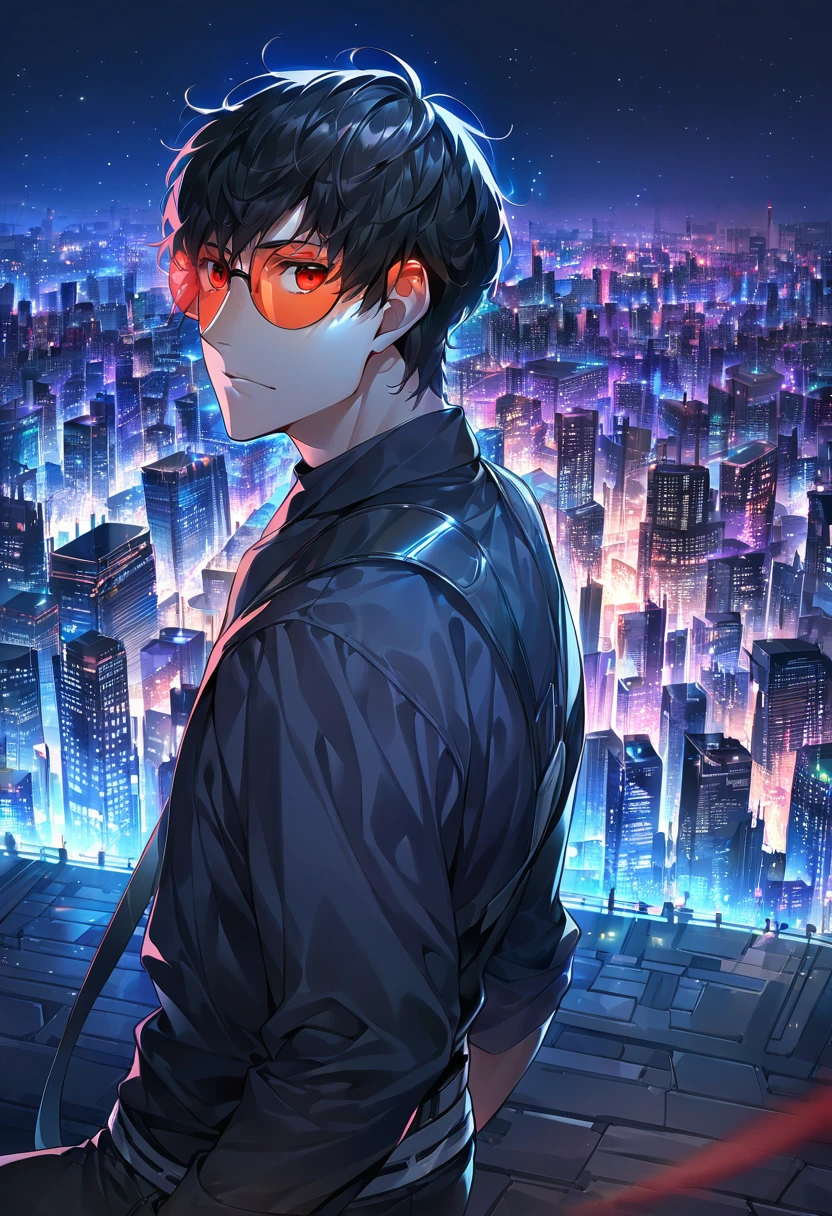 Adult, male, mature, scruffy black hair, short black hair, red eyes, hipster clothes, round tinted sunglasses, headphones, apathetic indifference, Masterpiece, Accurate, Best Quality, Detail, High Details, Quality, Super Detailed, High Quality, Anatomically Correct, tilted head, city, night, cyberscape, cyber city at night
