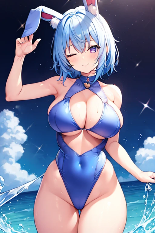 1girl, rabbit ears, light blue hair, very short hair, one eye closed, purple eyes, large breasts, thick thighs, beach, blue hair, smile, animal ear fluff, (animal ear fluff), white rabbit ears, hourglass figure, mature female, one-piece swimsuit, competition swimsuit, blue one-piece swimsuit, red trim,