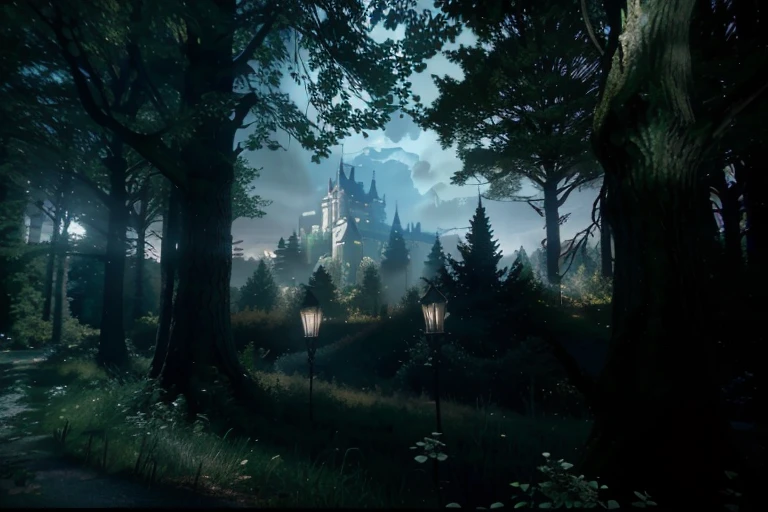 there is a picture of a castle in the woods with trees, unreal engine ; romantic theme, unreal engine render + a goddess, beautiful and cinematic lighting, unreal engine fantasy art, cinematic forest lighting, unreal engine 5 render dramatic, unreal engine lumen, akihiko yoshida. unreal engine, unreal engine 5 lighting, beautiful render of a fairytale