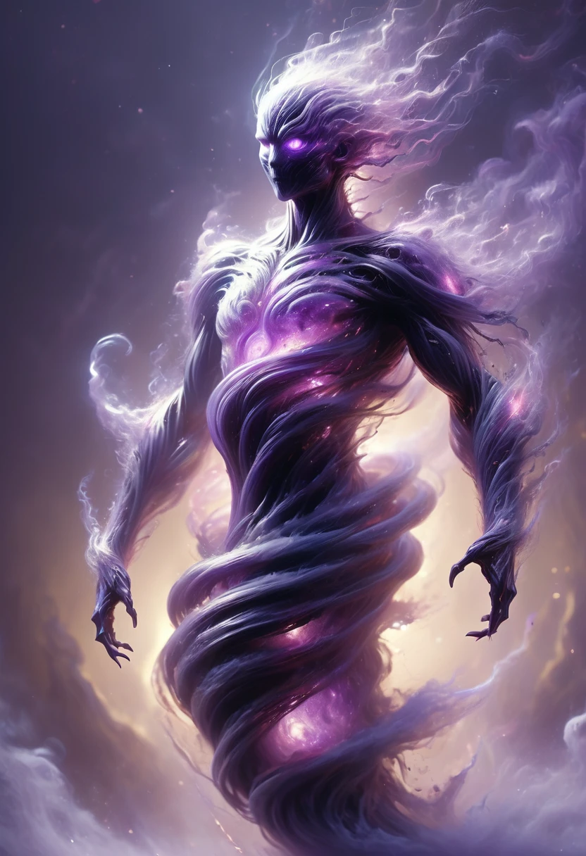 This creature appears as a body of translucent dark gray and purple energy with small motes of purple light winking in and out of existence along its spherical form. It has a head, neck, chest, but it's body ends in a tapered whispy smoke, no legs or feet evident.