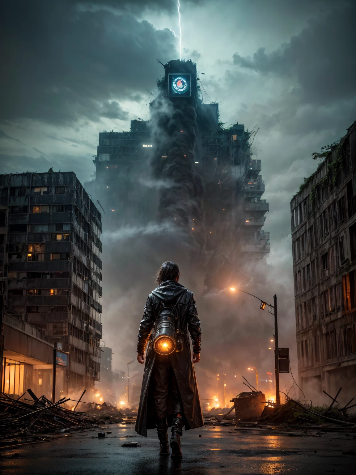 downpours(illuminations,Doomsday City,Abandoned,dystopian,Futuristic,Dark atmosphere,overgrown vegetation,Desolate streets,Crumbling building,black wall,Broken windows,Debris was scattered all over the place,Create an atmosphere of desolation and chaos. ),[Steampunk survivor,Gas masks,wind coat,Brass decoration,cogs and gears,]，Dimly lit sky,Ominous clouds come together,Dazzling lightning,be desperate,Unforgettable silence,lost hope,Epidemic of disease.Sepia color palette,intense contrast,Moody lighting.(Best quality,A high resolution,Masterpiece:1.2)，Background fog， A high resolution， the detail， RAW photogr， Sharp Re， Nikon D850 Film Stock Photo by Jefferies Lee 4 Kodak Portra 400 Camera F1.6 shots, Rich colors, ultra-realistic vivid textures, Dramatic lighting, Unreal Engine Art Station Trend, cinestir 800，