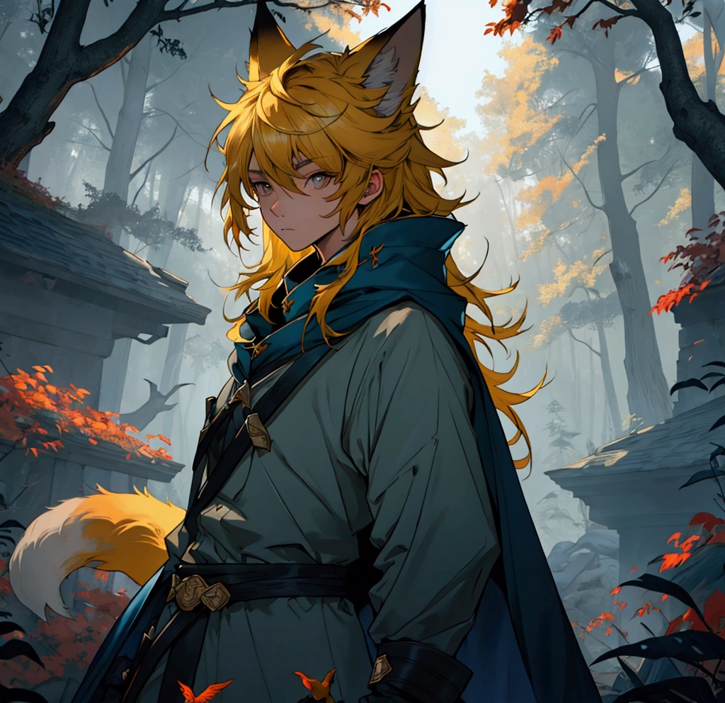 1 person, boy, fox cape, 20 years old, forest beast, humanoid, 1 head, long hair, yellow hair, gray eyes, blue cloak, short