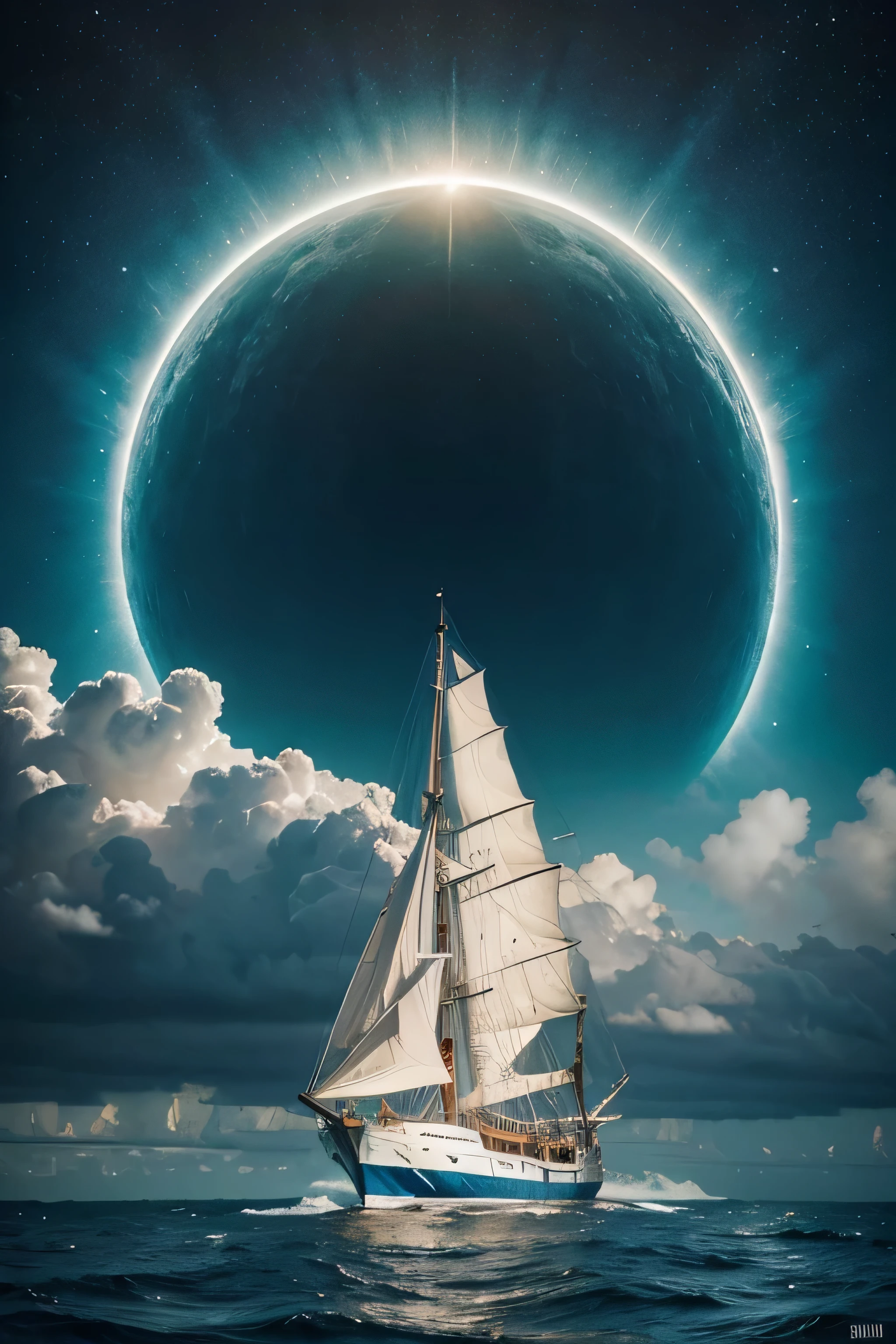 A mesmerizing, ultra-hyper-realistic relief oil painting captures the essence of a stormy seascape, with a masterfully rendered luxury yacht with people and a big sail from the 1850's outlined in noticeable deep ice-blue color as the central focus, its sleek and modern design a striking contrast to the turbulent sea. The composition seamlessly blends a monochromatic color palette on one side with a vibrant, multicolored palette on the other. A majestic sun is depicted as a vortex-like entity, with swirling patterns and crisp line work, adding to the painting's dynamic energy. The artist's skillful placement of elements ensures harmonious balance, shape value, and form, while capturing the movement, flow, and energy in a still-life formation. In the air you can see a big female angel flying above the ship.