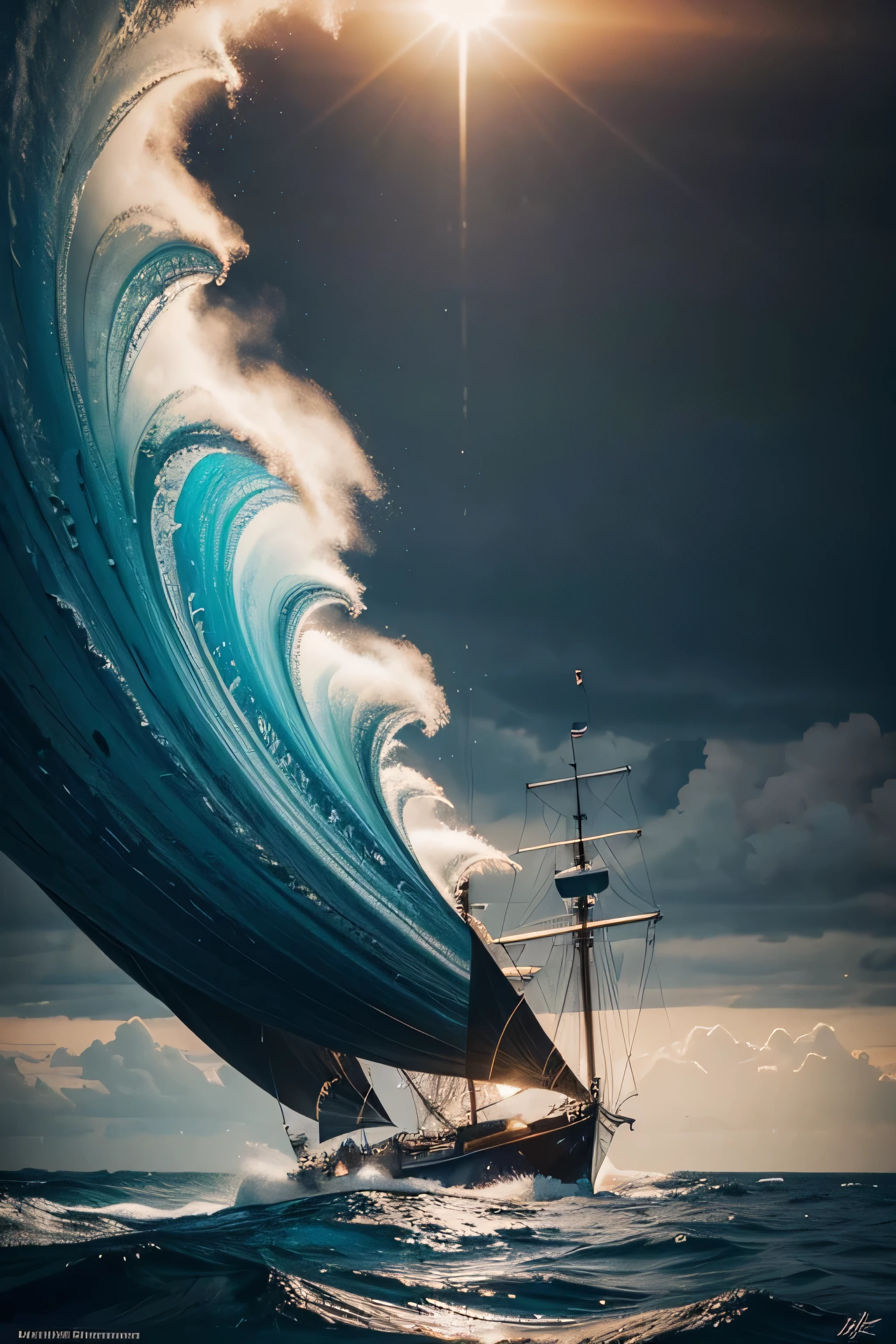 A mesmerizing, ultra-hyper-realistic relief oil painting captures the essence of a stormy seascape, with a masterfully rendered luxury yacht with people and a big sail from the 1850's outlined in noticeable deep ice-blue color as the central focus, its sleek and modern design a striking contrast to the turbulent sea. The composition seamlessly blends a monochromatic color palette on one side with a vibrant, multicolored palette on the other. A majestic sun is depicted as a vortex-like entity, with swirling patterns and crisp line work, adding to the painting's dynamic energy. The artist's skillful placement of elements ensures harmonious balance, shape value, and form, while capturing the movement, flow, and energy in a still-life formation. In the air you can see a big female angel flying above the ship.