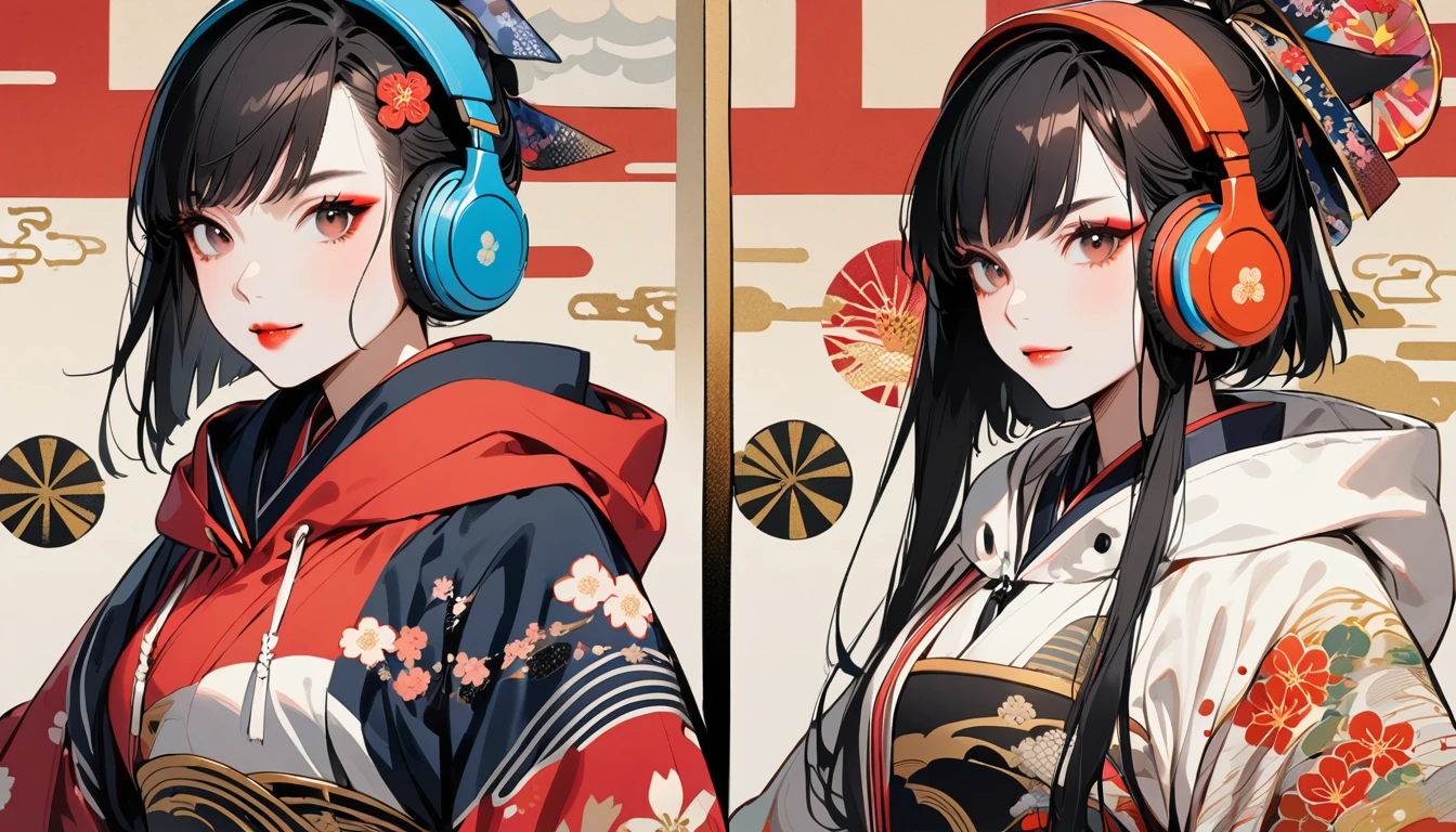 (((1 girl))), (((warrior))), (((Japan刀))), (((Flashy makeup))), (((Japanese style headphones))), (((Japanese pattern hoodie))), (((Put on the hood))), smile, Japan人の美少女, Black Hair, Delicate and precise, Modern ukiyo-e style,Japan, Japanese flag, vivid color