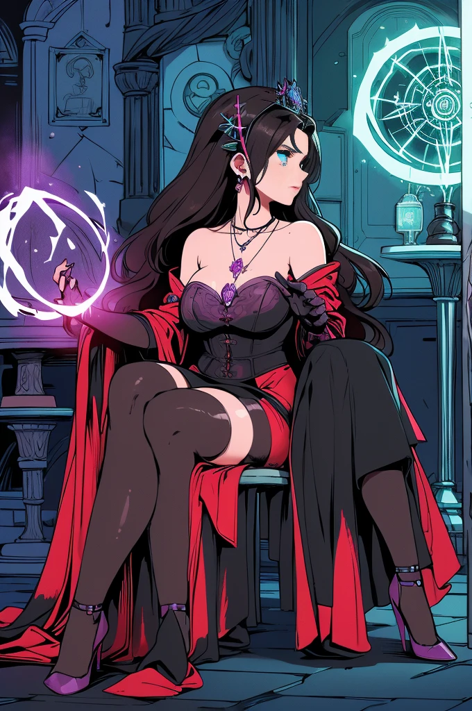 depicts a modern-day witch who has embraced the world of cybernetics to enhance her magical abilities. The artwork should convey the enchanting blend of traditional witchcraft and futuristic technology. Here are some specific elements to include: The Witch's Lair: The setting should be a cozy yet slightly eerie room, filled with magical books, crystal balls, potion ingredients, and antique furnishings. The room should be dimly lit by candles and a soft, mystical glow emanating from her cybernetic enhancements. The Cyborg Witch: The central focus of the artwork is the witch herself. She's a striking figure with a mix of traditional witch attire and cybernetic enhancements. Her clothing should have a witchy, occult aesthetic, with flowing robes, a pointed hat, and an intricate pentagram necklace. Her arms, however, have been upgraded with cybernetic components that incorporate magical symbols and glowing runes. Magical Interface: The witch is in the midst of casting a spell, with a holographic, touch-screen interface floating before her. This interface includes spell incantations, arcane symbols, and digital components, demonstrating her fusion of magic and technology. Spell Ingredients: On a nearby table, there should be a collection of spell ingredients, like herbs, potions, and magical artifacts. Some of these items may have been modified with cybernetic enhancements, blurring the line between the natural and the technological. Familiar: The witch's familiar, perhaps a cat or raven, should be present in the scene, serving as her magical companion. The familiar could also have subtle cybernetic enhancements or glowing eyes. Glowing Runes: The room should be adorned with ancient symbols and glowing runes on the walls and floor, contributing to the magical atmosphere. Aetherial Lighting: Use a combination of mystical, ethereal lighting and cybernetic glows to create a captivating interplay of light and shadow. The contrast between the tradit
