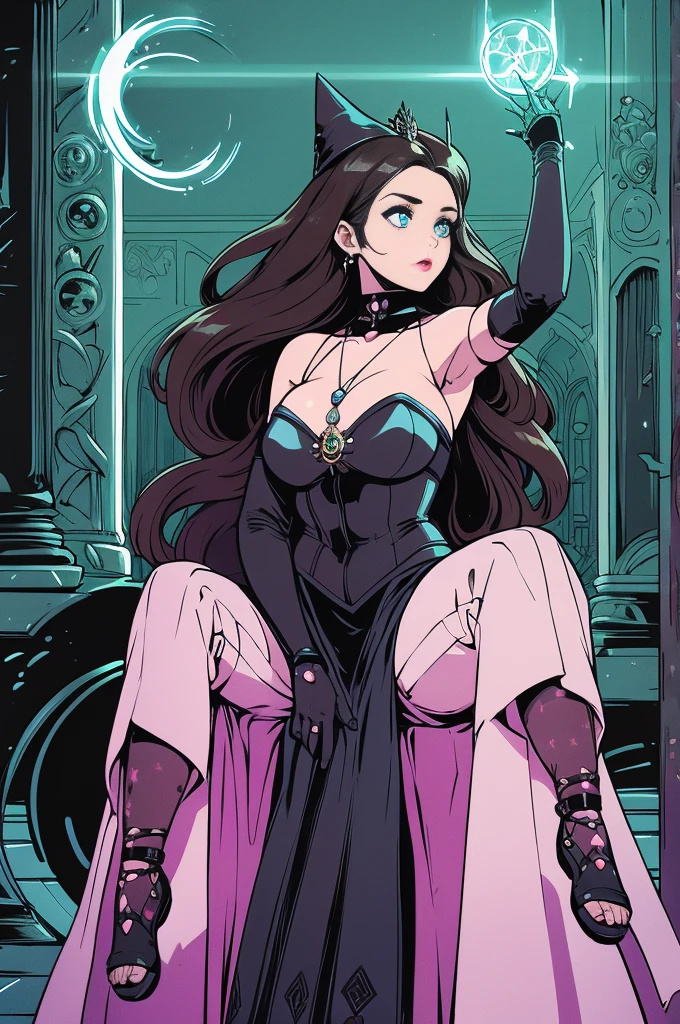 depicts a modern-day witch who has embraced the world of cybernetics to enhance her magical abilities. The artwork should convey the enchanting blend of traditional witchcraft and futuristic technology. Here are some specific elements to include: The Witch's Lair: The setting should be a cozy yet slightly eerie room, filled with magical books, crystal balls, potion ingredients, and antique furnishings. The room should be dimly lit by candles and a soft, mystical glow emanating from her cybernetic enhancements. The Cyborg Witch: The central focus of the artwork is the witch herself. She's a striking figure with a mix of traditional witch attire and cybernetic enhancements. Her clothing should have a witchy, occult aesthetic, with flowing robes, a pointed hat, and an intricate pentagram necklace. Her arms, however, have been upgraded with cybernetic components that incorporate magical symbols and glowing runes. Magical Interface: The witch is in the midst of casting a spell, with a holographic, touch-screen interface floating before her. This interface includes spell incantations, arcane symbols, and digital components, demonstrating her fusion of magic and technology. Spell Ingredients: On a nearby table, there should be a collection of spell ingredients, like herbs, potions, and magical artifacts. Some of these items may have been modified with cybernetic enhancements, blurring the line between the natural and the technological. Familiar: The witch's familiar, perhaps a cat or raven, should be present in the scene, serving as her magical companion. The familiar could also have subtle cybernetic enhancements or glowing eyes. Glowing Runes: The room should be adorned with ancient symbols and glowing runes on the walls and floor, contributing to the magical atmosphere. Aetherial Lighting: Use a combination of mystical, ethereal lighting and cybernetic glows to create a captivating interplay of light and shadow. The contrast between the tradit