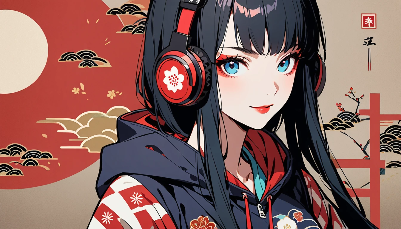 (((1 girl))), (((warrior))), (((Japan刀))), (((Flashy makeup))), (((Japanese style headphones))), (((Japanese pattern hoodie))), (((Put on the hood))), smile, Japan人の美少女, Black Hair, Delicate and precise, Modern ukiyo-e style,Japan, Japanese flag, vivid color