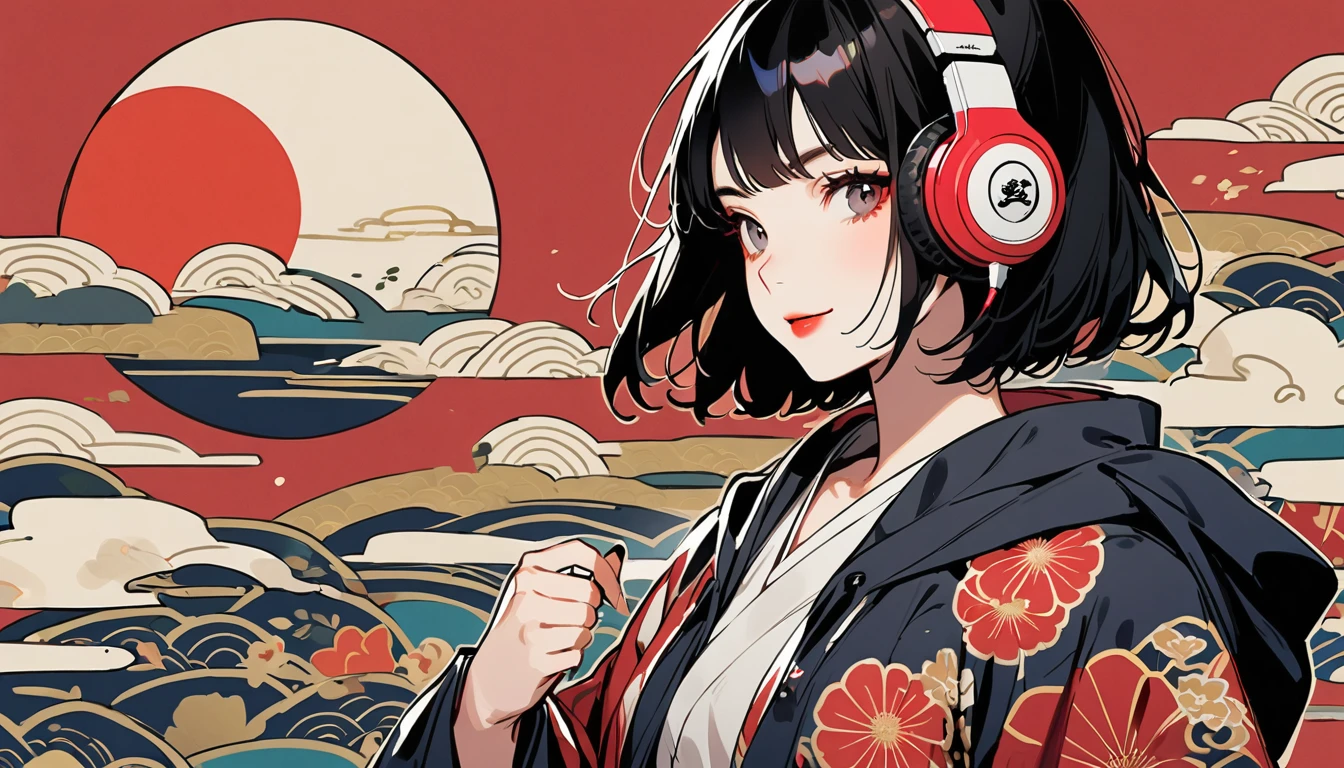 (((1 girl))), (((warrior))), (((Japan刀))), (((Flashy makeup))), (((Japanese style headphones))), (((Japanese pattern hoodie))), (((Put on the hood))), smile, Japan人の美少女, Black Hair, Delicate and precise, Modern ukiyo-e style,Japan, Japanese flag, vivid color