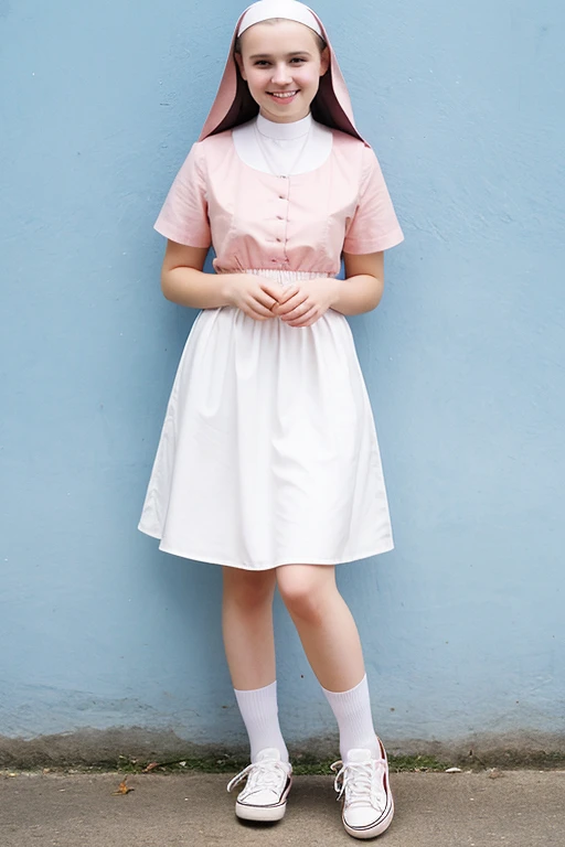 A 15-year-old nun, big breasts, short and brown hair, pink lips with a sweet smile, blue eyes, Pale skin, an adorable face, with white shoes 