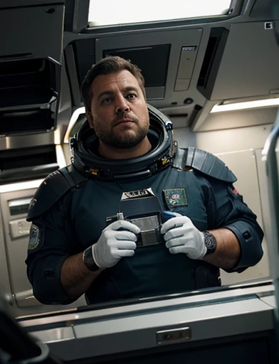 Ele está sentado na cadeira de piloto de nave espacial. (((Ele tem o braço direito de robô, Ele está sentando na cadeira pilotando a espaçonave))), 4K, masterpiece, detailded.💚（（tmasterpiece）），（（（best qualtiy））），（CharacterDesignSheet，Same role，frontage，Lateral face，on  back），concept-art，concept art of character，Character sketches，reference sheet，Role table,💚,The captain of the astronauts is a plump, chubby man, extremely thick thighs, a large belly, fat. Passing inside the spaceship laboratory , he checks an analysis under the microscope. His arms are holding digital analysis devices. He wears a spacesuit