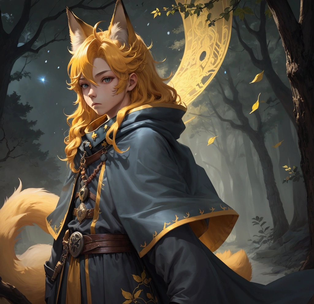 1 person, boy, fox cape, 20 years old, forest beast, humanoid, 1 head, long hair, yellow hair, gray eyes, blue cloak, short