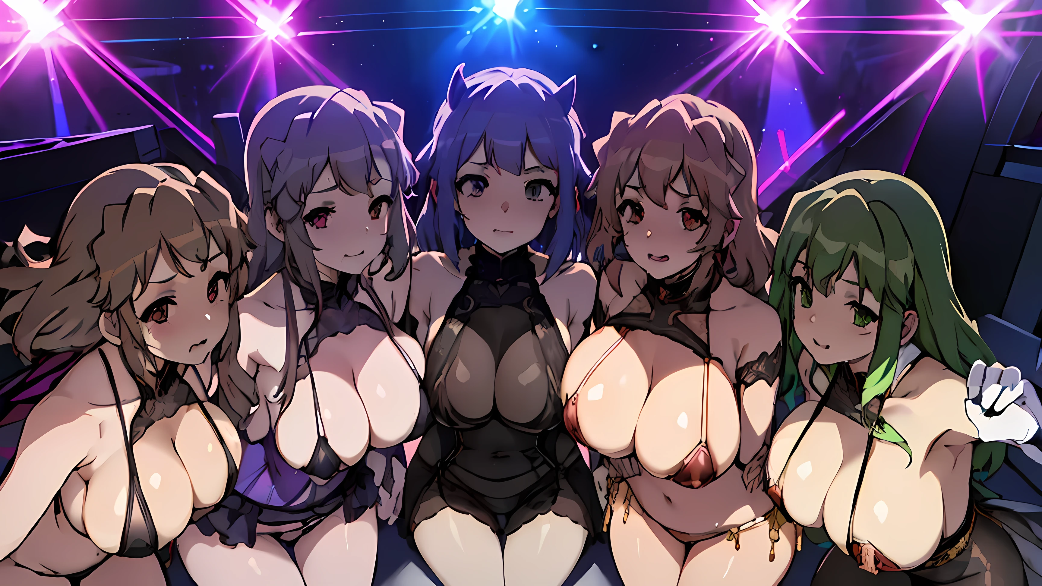 (masterpiece,best quality:1.4),(8k,raw photo,photo realistic:1.2),shiny skin,detailed skin,detailed face,detailed eyes,1girl,Japanese idol,beautiful face,Popular At the nightclub evening, ((There are many women in the crowd)), (Big Breasts), Women standing in a group, Multiple Girls, 16〜2/4-year-old, Large group of girls,(Take sexual poses) And touch each other, Nightlife, Multiple Girls,Women in the background, Very provocative pose, Biting your lip, Variety of hair (bionde, Green Hair, Pink Hair, Blue Hair, Lilac hair, dark Green Hair, light Blue Hair, cherry redhead, Burnt orange hair, Turquoise Hair, Purple Hair), Various Dresses (White Dress, Black Dress, Blue clothes, Lilac Dress, light Blue clothes, Cherry Red Dress, Dark orange dress, Purple Dress), Ethnic Diversity, Perfect Face, ((At the nightclub , Surrounded by lots of attractive women)):1.6, Highly detailed landscape, Dance Floor, Spotlight , Flashing Light)