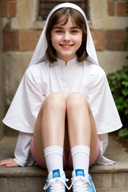 A -yeld nubig breasts, short and brown hair, pink lips with a sweet smile, blue eyes, Pale skin, an adorable face, with white shoes