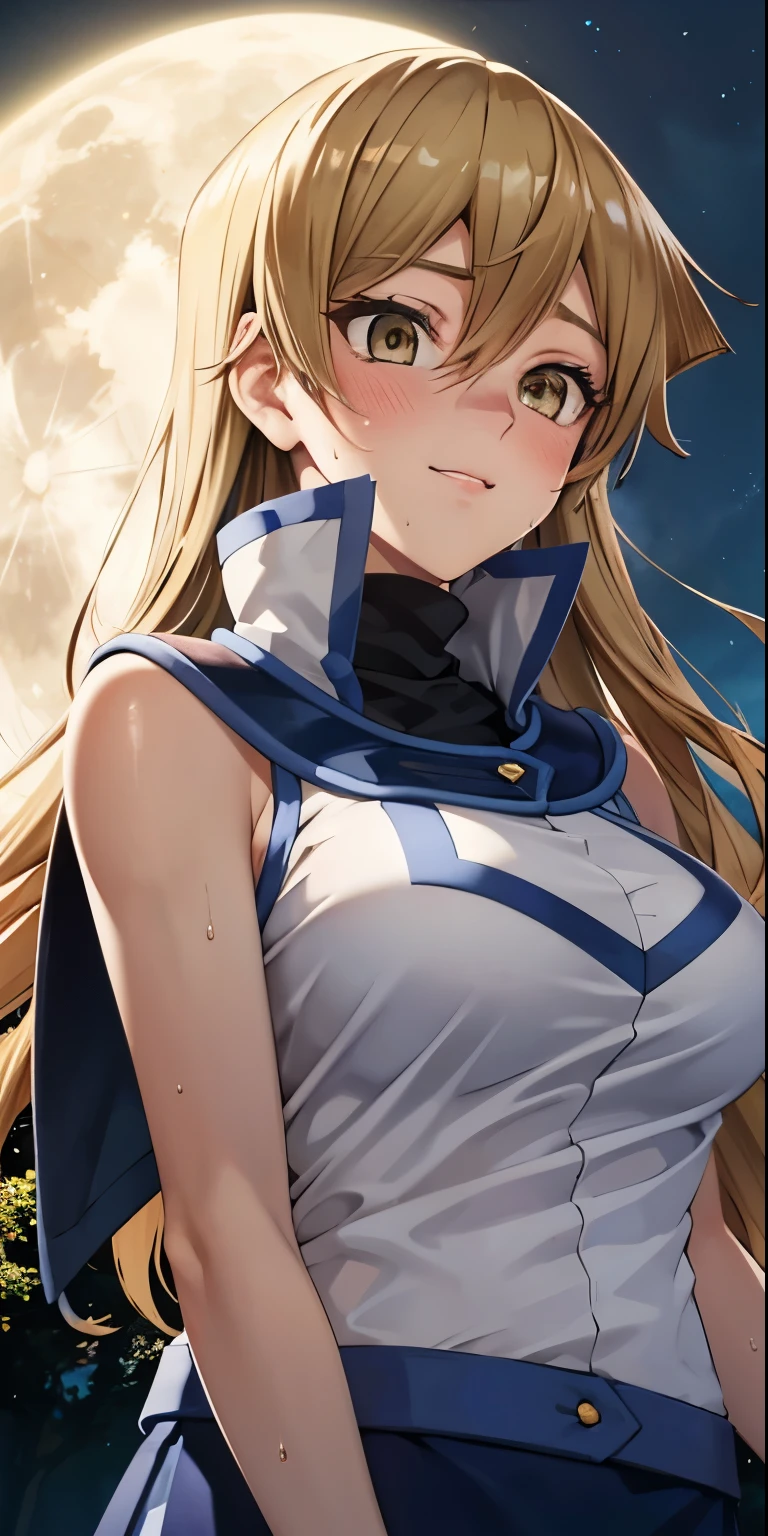 1 Female,High definition,high resolution,Ultra-realistic,8K, 8K, ta1,blonde hair,long hair,yellow eyes, white jacket, sleeveless, blue skirt,tight skirt , miniskirt,fingerless gloves,European,sexy,Upper body close-up,Photographed from the front,Dynamic Angles,(blush), big tits , happy, wink the eye,facial, sweat,multicolored hair , outdoors, moonlight, night 