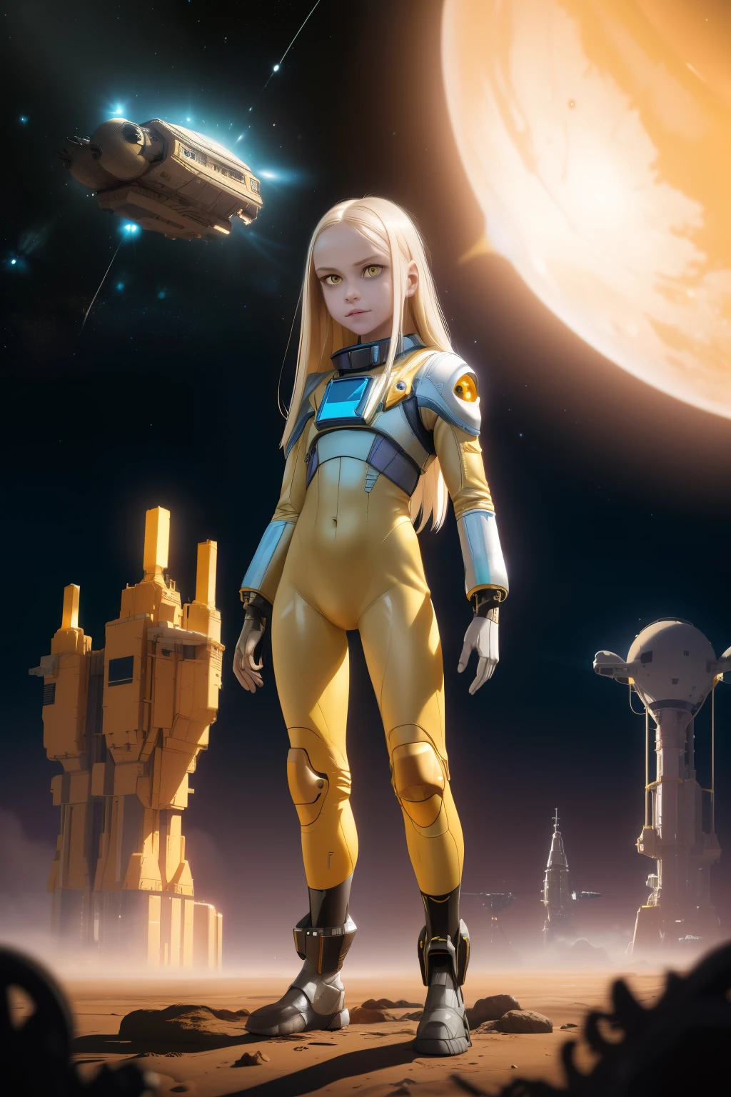 young girl, ************, blond hair, photorealistic, pale skin), (yellow (eyes:1.2)), (slim build:1.3), (fantasy space suit), beautiful face, symmetrical face, Greg Rutkowski, wlop and Sam Kuvshinov, (long hair), blond eyelashes, large iris, large pupil, full body, standing on the background of the cosmodrome, artstation, 8k, science fiction, pastel colors, props, panel, concept, futuristic, gribble, simon stalenhag, space, in outer space, a spaceship in the sky, technological blocks, futuristic world:1.5, rusty metal futuristic world, (simple oil painting in a style to Bill Sienkiewicz)