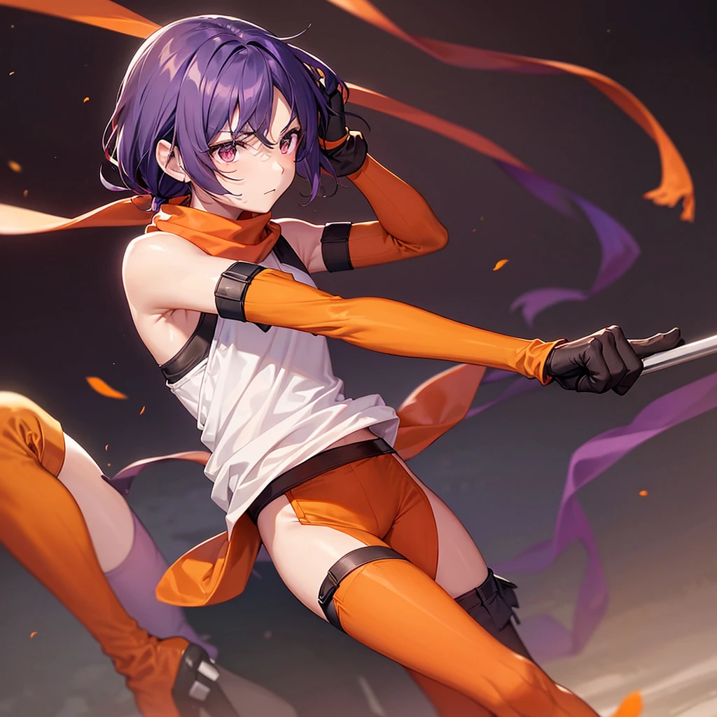 Orange shirt, one boy, Alone, Dark skinned male, Dark skinned, Long ponytail hair, Parted bangs, Purple hair, Yellow eyes, Waist accessory, Scarf, Gloves, ((leg warmers)), White straps,