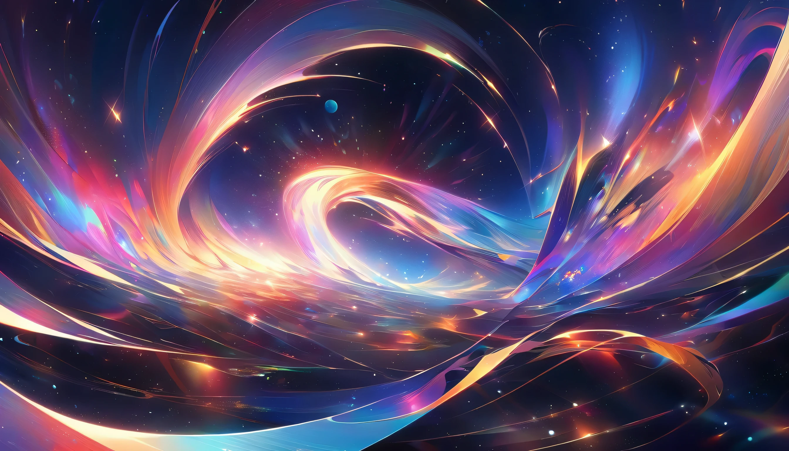 Atmospheric Red Gold Background, vibrant aurora-like waves of rich red and gold flowing gracefully across the canvas, interspersed with shimmering specks of stardust, the scene resembles a cosmic dance in the night sky, the background gradually fades into deep black, evoking the vastness of space, a sense of wonder and tranquility, abstract digital art, rendered with a smooth gradient blending technique, enhanced with subtle lens flare effects, 8K resolution.