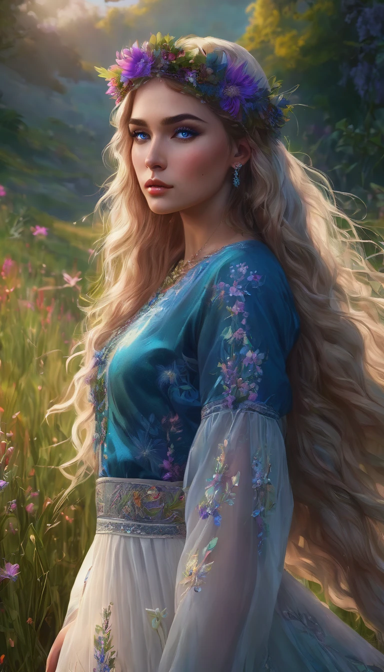 A stylish wild girl in nature, black eyeliner, detailed face, beautiful blue eyes, detailed lips, long flowing hair, elegant dress, flower crown, detailed grass and flowers, vibrant colors, cinematic lighting, photorealistic, 8k, best quality, masterpiece