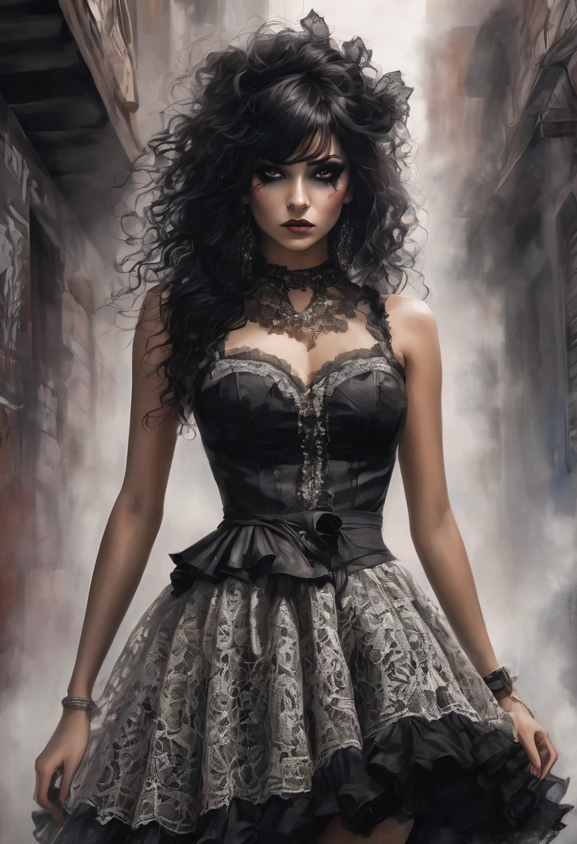 A fierce and edgy woman stands before you, dressed in a whith dress with intricate lace and playful ruffles. She holds a guitar in her hands, ready to unleash her musical talents. Her striking makeup and dark hair add to her rebellious aura.