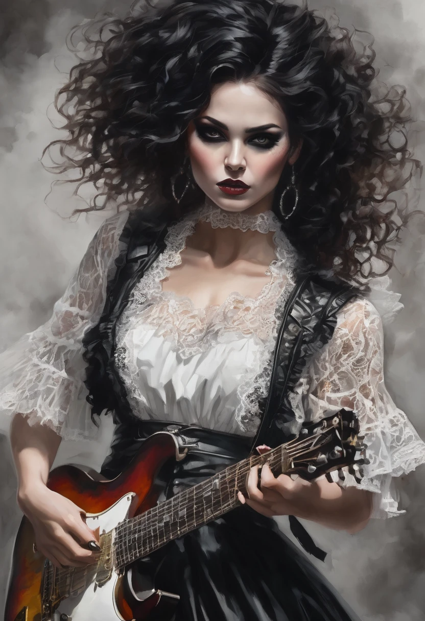 A fierce and edgy woman stands before you, dressed in a whith dress with intricate lace and playful ruffles. She holds a guitar in her hands, ready to unleash her musical talents. Her striking makeup and dark hair add to her rebellious aura.