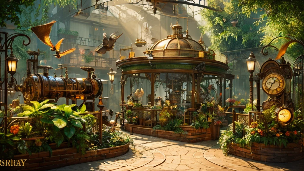 A steampunk aviary filled with mechanical birds, each intricately detailed with gears, cogs, and metallic feathers. The aviary is a lush, green haven, with steam-powered machinery seamlessly integrated into the natural surroundings. Pipes and valves run alongside vibrant plants, while the mechanical birds chirp and flutter, creating a harmonious blend of nature and technology. The scene is bathed in warm, golden light, enhancing the whimsical, steampunk aesthetic.