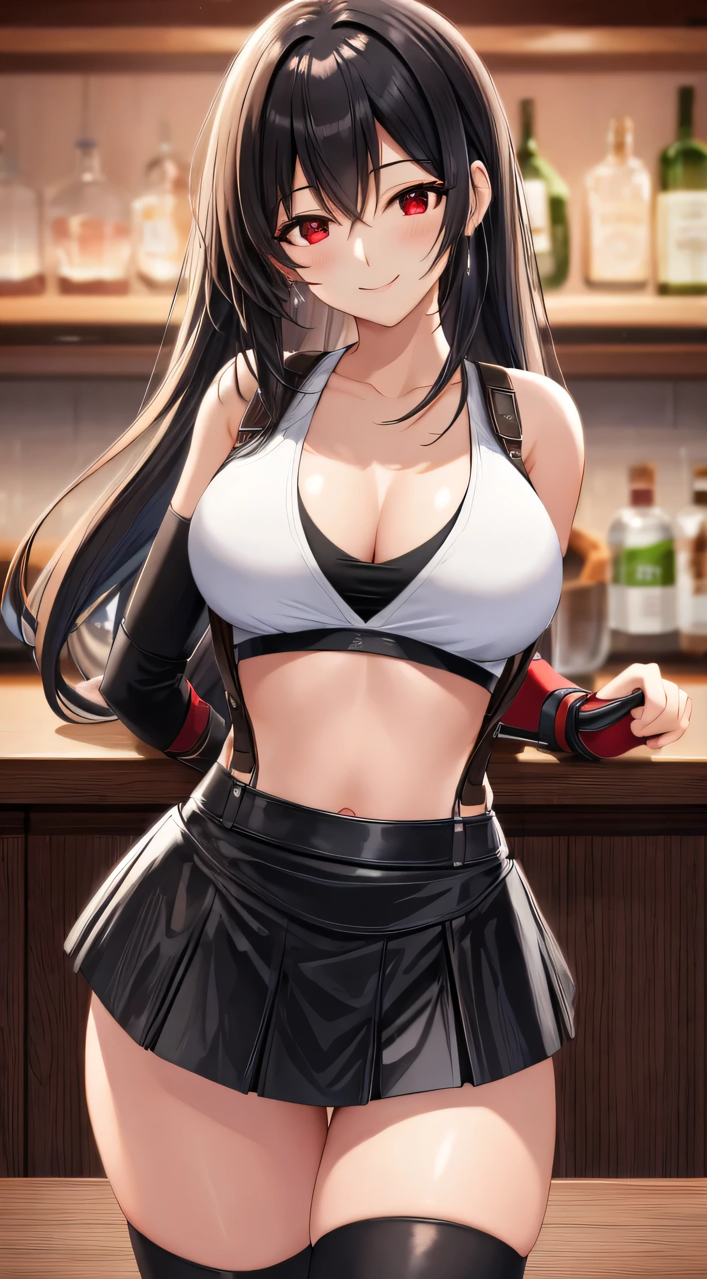 best quality, ultra-detailed, high resolution, extremely detailed CG, unity 8k wallpaper, super detailed skin, detailed, dynamic lighting, beautiful detailed eyes, tifa ff7, 1girl, solo, looking at viewer, blush, seductive smile, white tank top, black skirt, suspender skirt, midriff, black thighhighs, red gloves, white bra, zettai ryouiki, head tilt, bar counter, showing panties, dynamic pose, red eyes, smile, fighting stance,