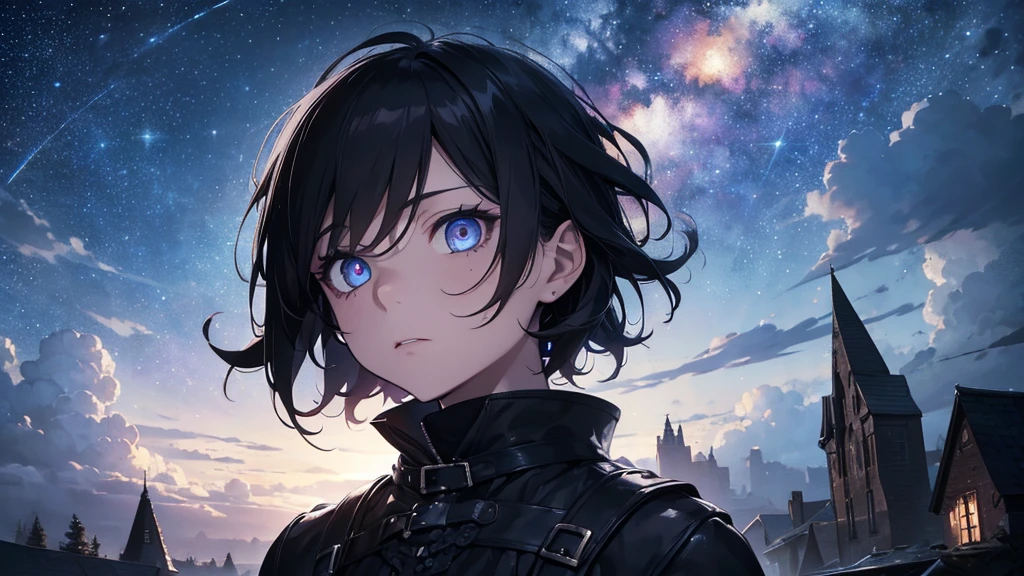 a gothic  boy emo man looking up at a starry night sky, highly detailed face and eyes, moody atmosphere, dark colors, dramatic lighting, cinematic composition, digital art, concept art, hyper realistic, photorealistic, 8k, best quality, masterpiece