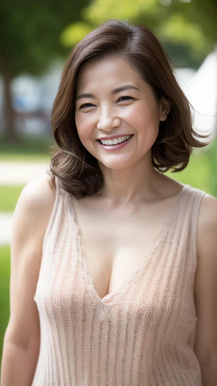 最high quality, In 8K, Masseter region, Real, Sharp focus, high quality, High resolution, Detailed face, Detailed eyes, Thick lips, (Look at the viewers), alone, Middle-aged women, , 60 years old, , Wavy Hair, Cleavage, Wearing a plain short-sleeved knit, Afternoon in front of the park garden, Wrinkles around the eyes, Smiling with teeth showing