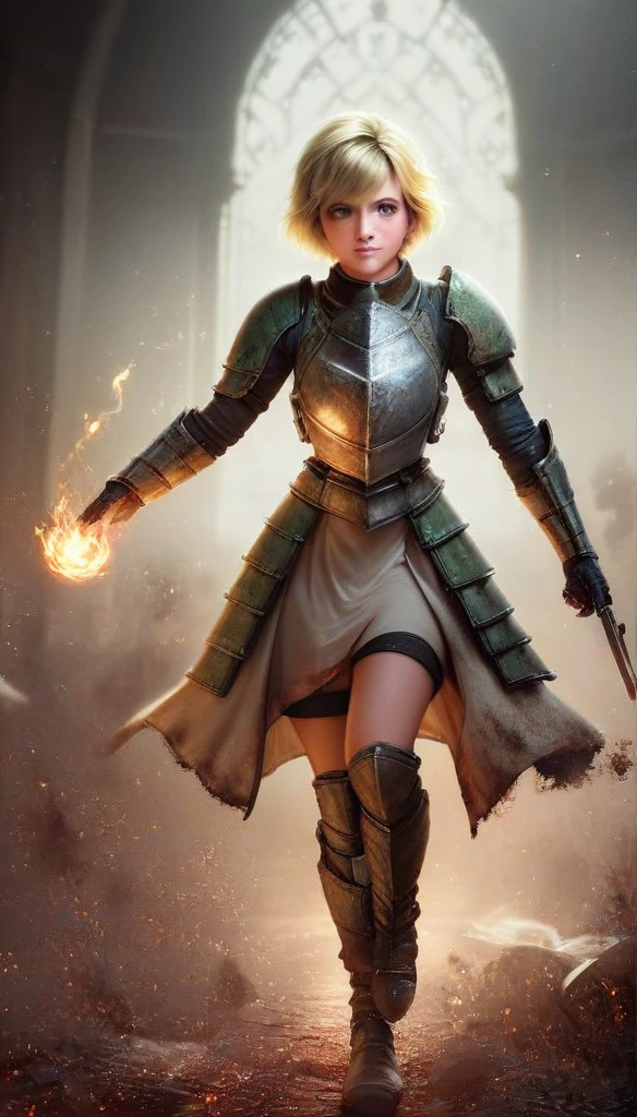 1girl, Heather Mason (silent hill 3), blonde hair, short hair, full dark armor, ArmoredDress, armor plates, magic,particles,light,flame,lighting, ((high resolution, masterpiece, highres, photorealistic, cute face, perfect ilumination)), full body shot