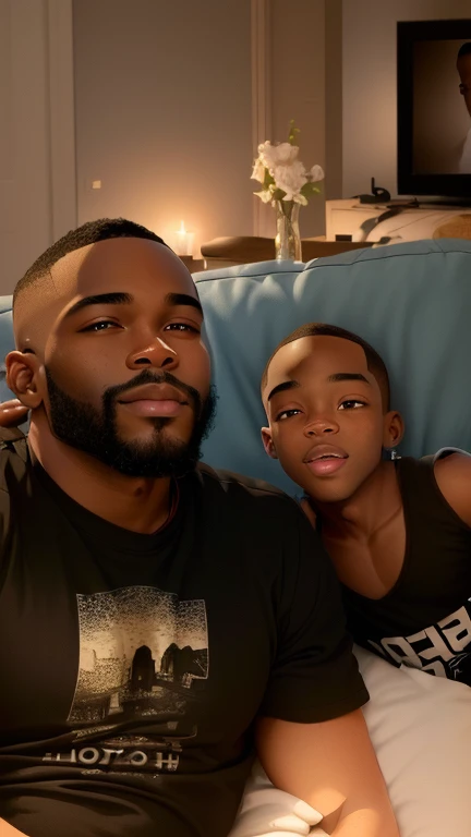 A black man with a shaved beard watching TV with his son 