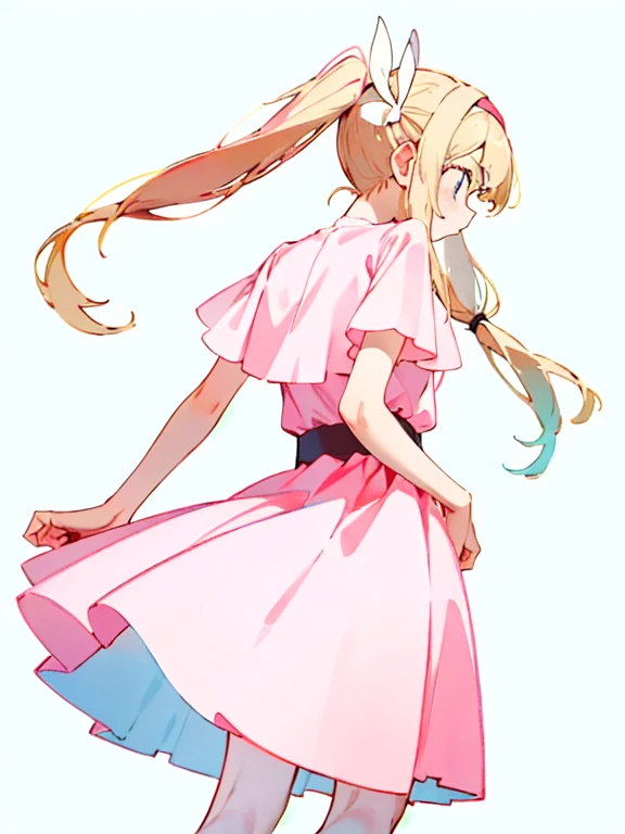 Looking forward, a girl has long pale pink almost pale blonde hair, that falls gently on her shoulders tied in two pigtails. Her delicate face , with pinkish eyes. She wears a pink dress with white details, that highlights her slim figure. From the profile, His posture is elegant, often with a raised hand or on the hip. His skin is clear, and her outfit includes accessories such as a headband and a white belt, completing a sweet and feminine look.
