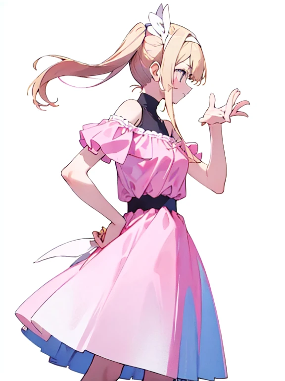 Looking forward, a girl has long pale pink almost pale blonde hair, that falls gently on her shoulders tied in two pigtails. Her delicate face , with pinkish eyes. She wears a pink dress with white details, that highlights her slim figure. From the profile, His posture is elegant, often with a raised hand or on the hip. His skin is clear, and her outfit includes accessories such as a headband and a white belt, completing a sweet and feminine look.