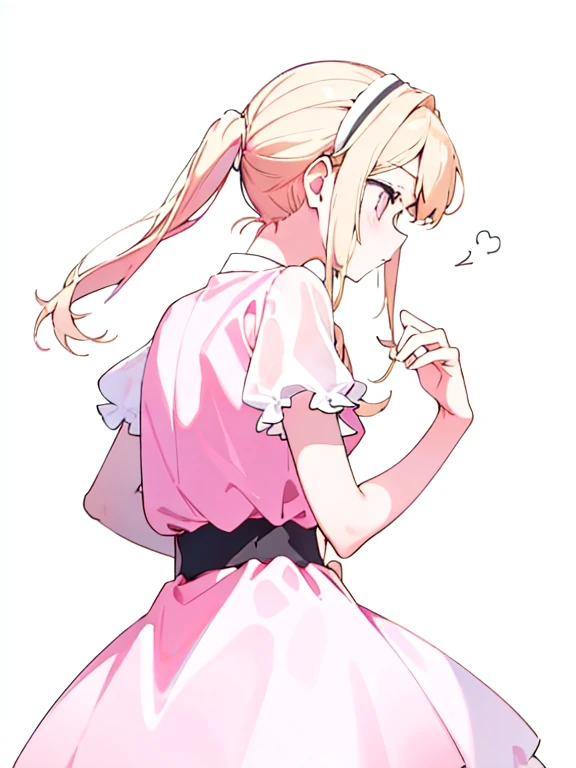 Looking forward, a girl has long pale pink almost pale blonde hair, that falls gently on her shoulders tied in two pigtails. Her delicate face , with pinkish eyes. She wears a pink dress with white details, that highlights her slim figure. From the profile, His posture is elegant, often with a raised hand or on the hip. His skin is clear, and her outfit includes accessories such as a headband and a white belt, completing a sweet and feminine look.