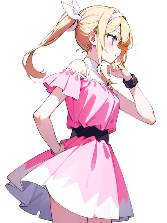 Looking forward, a girl has long pale pink almost pale blonde hair, that falls gently on her shoulders tied in two pigtails. Her delicate face , with pinkish eyes. She wears a pink dress with white details, that highlights her slim figure. From the profile, His posture is elegant, often with a raised hand or on the hip. His skin is clear, and her outfit includes accessories such as a headband and a white belt, completing a sweet and feminine look.